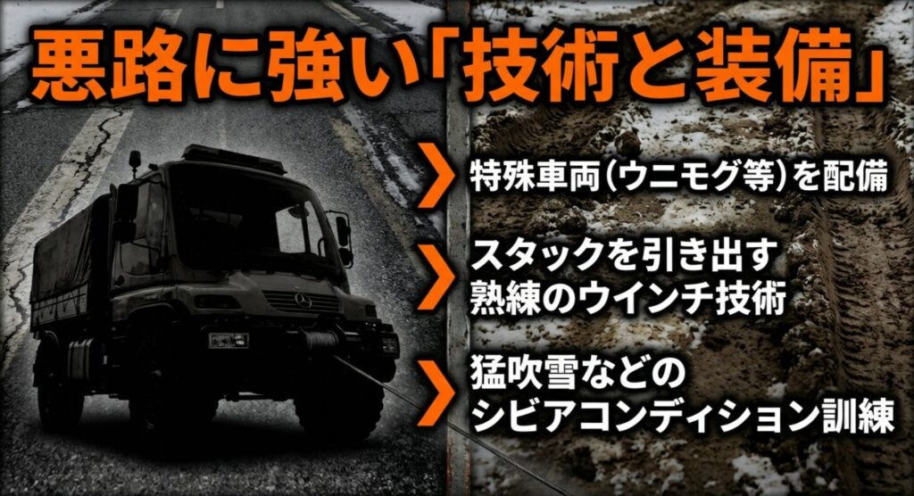 ウニモグ等の特殊車両配備や熟練のウインチ技術、シビアコンディションでの訓練内容を紹介するスライド