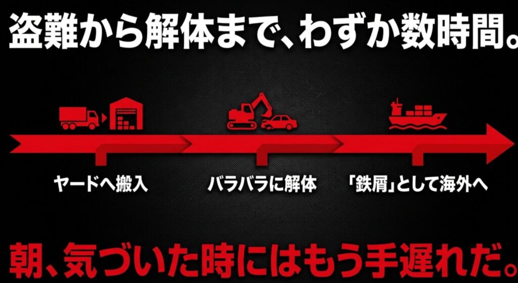 盗まれた車両が数時間でヤードへ搬入・解体され、朝には鉄屑として輸出ルートに乗るまでの絶望的なスピード感。