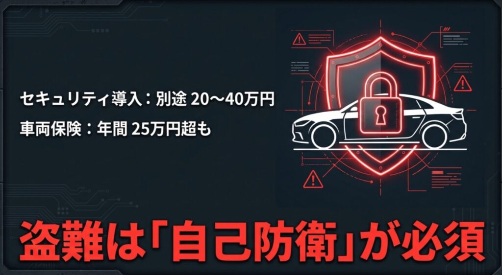 別途20〜40万円かかるセキュリティ導入費用と年間25万円を超える車両保険の目安を示すスライド