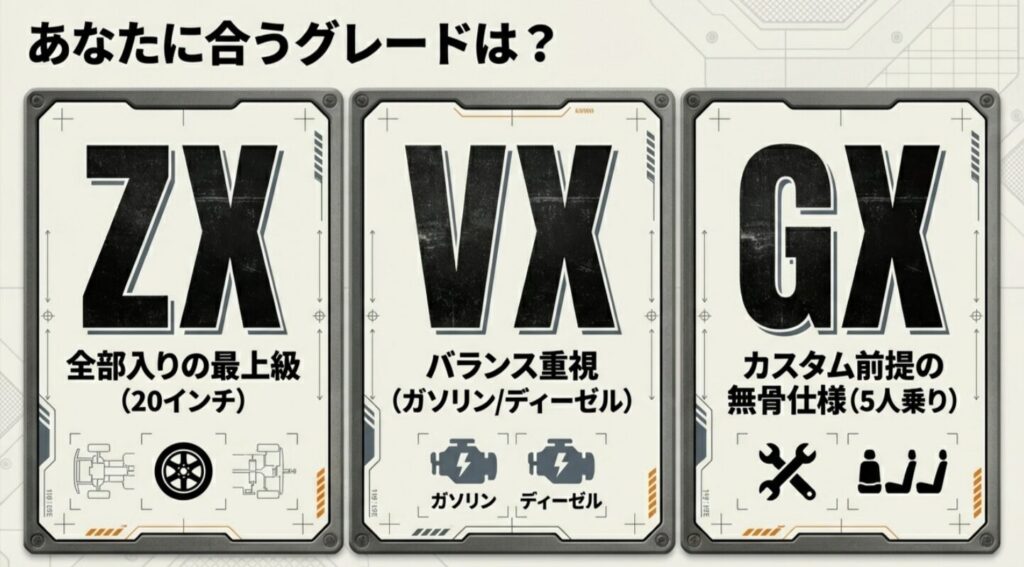 最上級ZX、バランスのVX、無骨なGXの3グレードの特徴比較