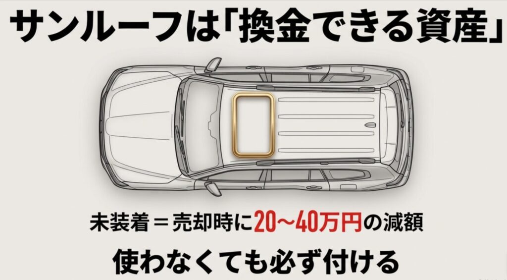 ランクル250においてサンルーフは換金できる資産であり、未装着の場合は売却時に20万から40万円の減額リスクがあることを示す図