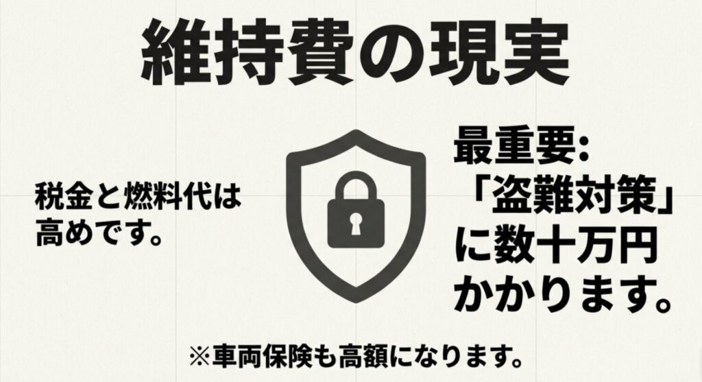 高めの税金・燃料代に加え、数十万円かかる盗難対策費や高額な車両保険についてまとめた維持費のスライド