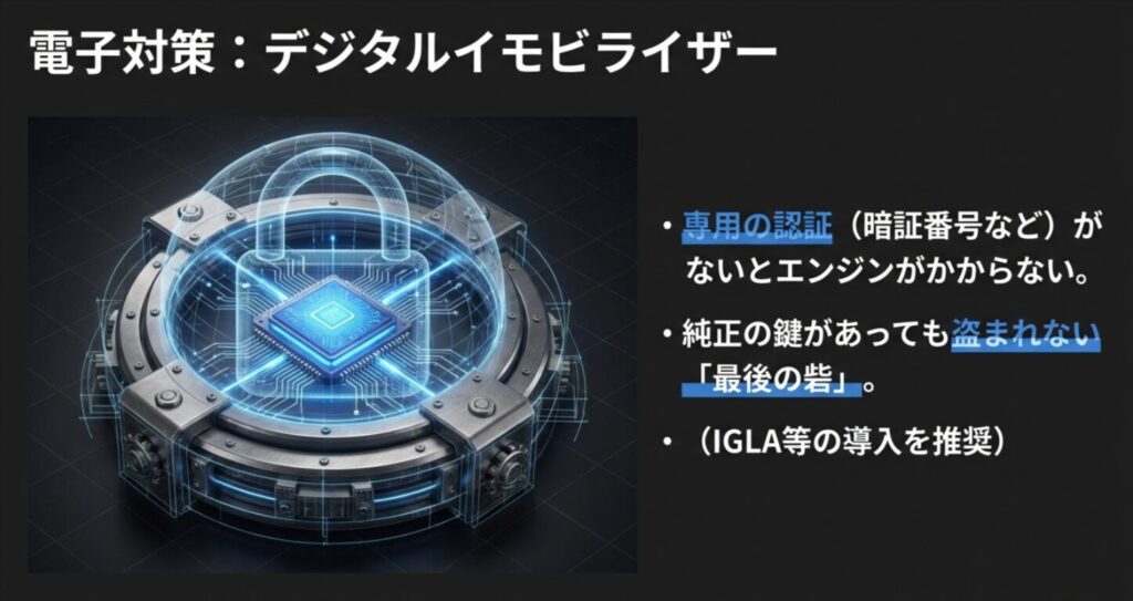 専用の認証がない限りエンジン始動を阻止する、IGLAなどのデジタルイモビライザーの仕組み図