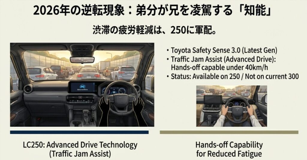 ランクル250に搭載されるアドバンスドドライブ（渋滞時支援）のハンズオフ走行イメージ