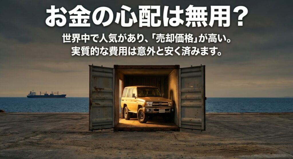 ランドクルーザー250は世界中で人気があり売却価格が高いため、実質的な費用は意外と安く済むことを説明するスライド