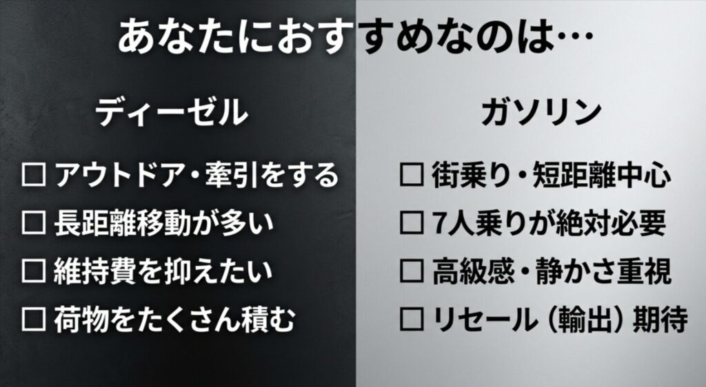 アウトドア・牽引・長距離ならディーゼル、街乗り・7人乗り・リセール重視ならガソリンがおすすめであることを示すチェックリスト形式のスライド