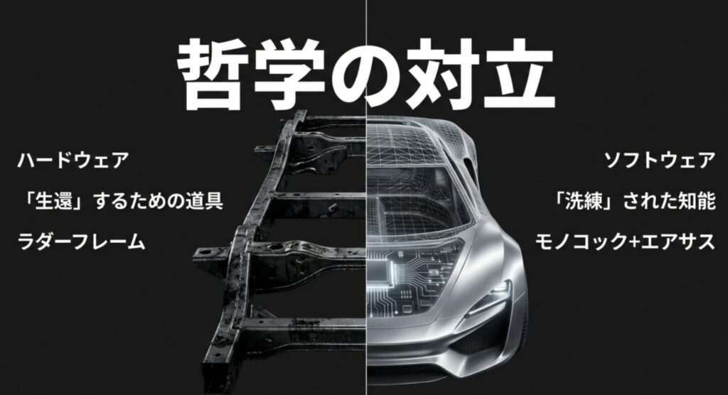 生還のためのラダーフレーム（ハードウェア）と、洗練された知能としてのモノコック+エアサス（ソフトウェア）の対立する設計哲学の比較