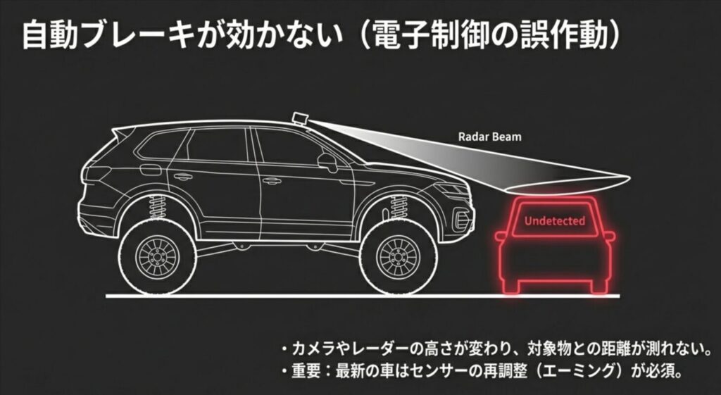 カメラやレーダーの高さが変わり、レーダービームが対象物を捉えられなくなることで、安全装置が正常に機能しなくなるリスクの図解 。
