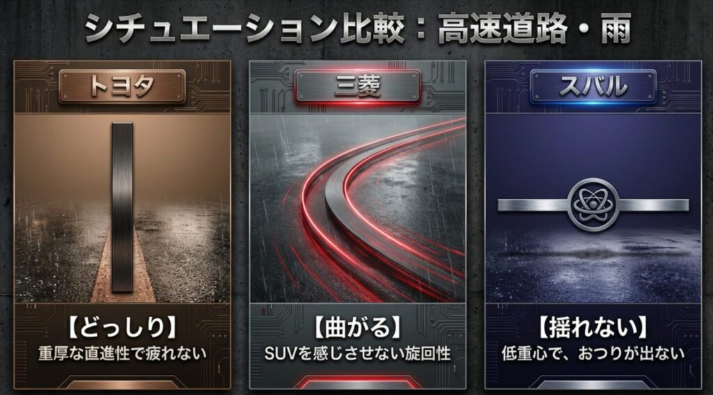 高速道路や雨天において、トヨタは重厚な直進性、三菱はSUV離れした旋回性、スバルは低重心で揺れない安定性を持つことを示す比較