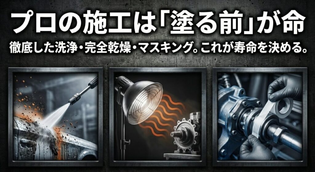 高圧温水洗浄、ヒーターによる完全乾燥、マフラー等の精密なマスキングなど、防錆剤を塗る前の重要工程を示す画像 。
