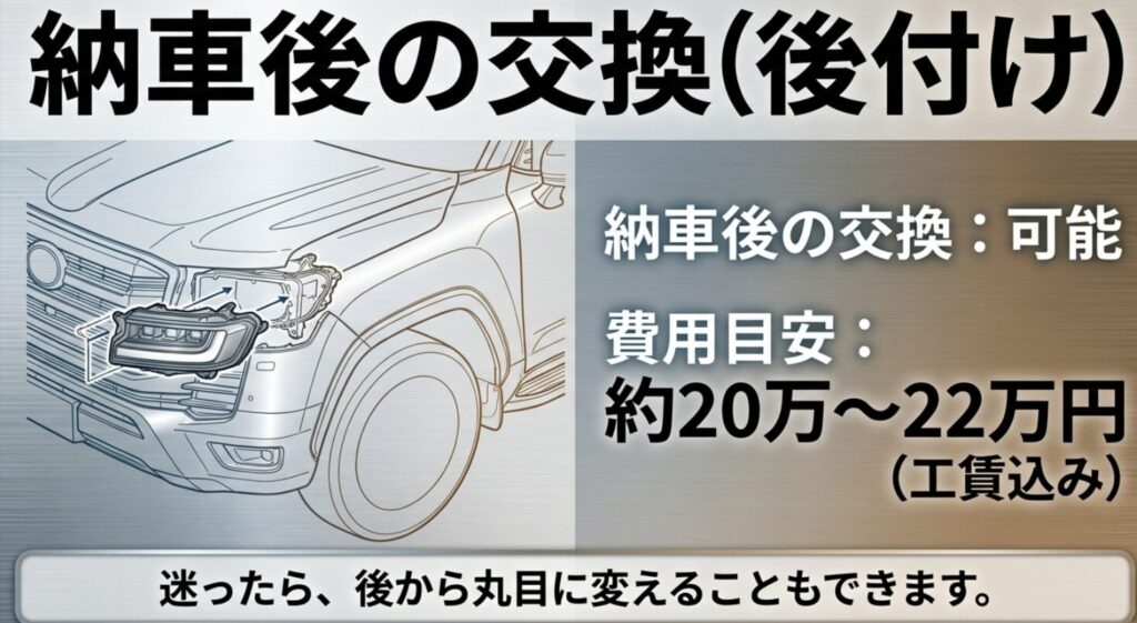 ランクル250のヘッドライト交換イメージ図と、費用目安（工賃込み約20万〜22万円）の案内