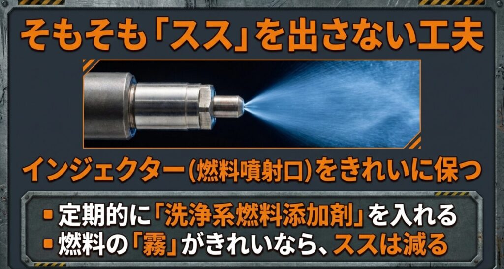 燃料の霧をきれいに保つ洗浄系添加剤を使用することで、不完全燃焼を減らし煤の発生を抑制する予防整備 。
