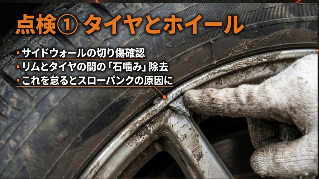 サイドウォールの傷、リムとタイヤの間の「石噛み」など、スローパンクの原因となる箇所を確認する点検スライド