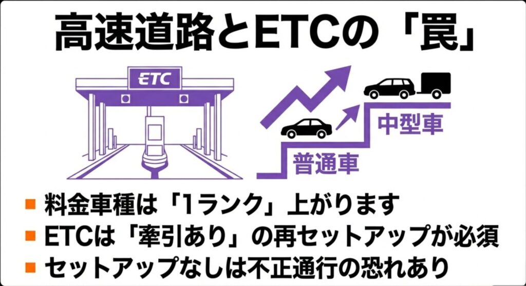 牽引時は通行料金が1ランク上がること、およびETC車載器の「牽引あり」再セットアップが必須であることを示す図解