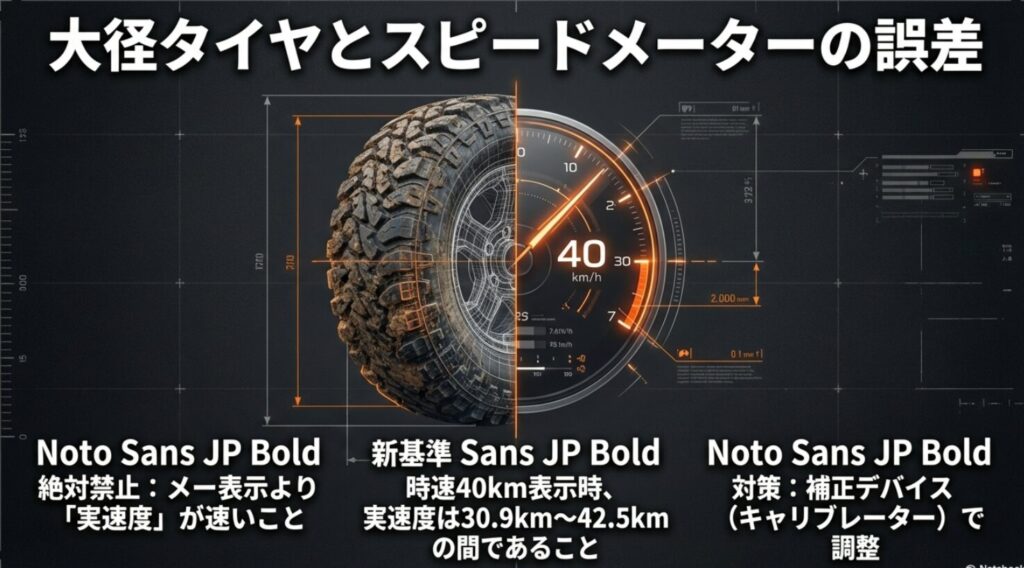 タイヤ外径変更でメーター表示より実速度が速くなるリスクと、2024年以降に適用されている新基準（40km/h時の許容範囲）の解説