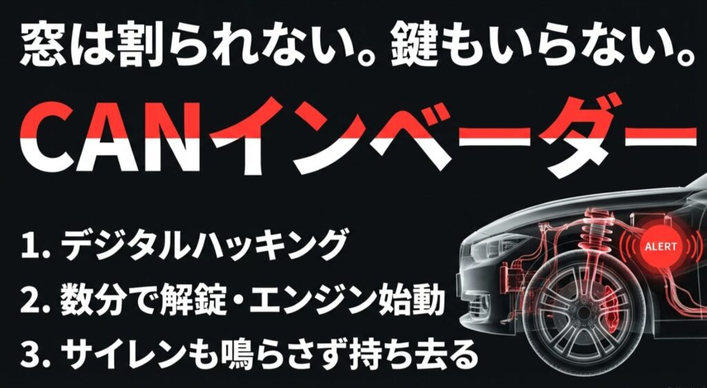 車両の頭脳をハッキングして数分で純正セキュリティを無効化する最新デジタル手口の解説スライド