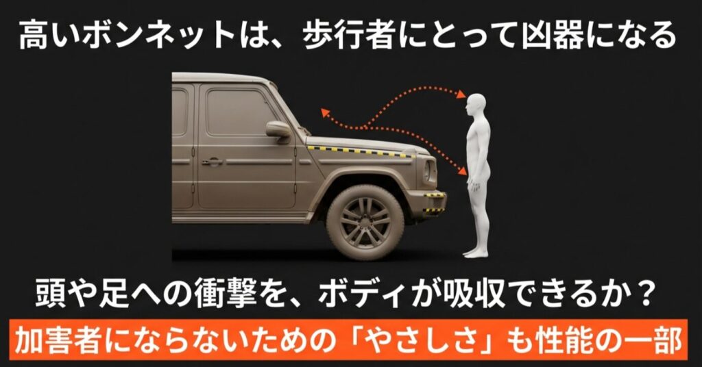 高いボンネットが歩行者の頭部や足へ与えるダメージをシミュレーションしたイラスト