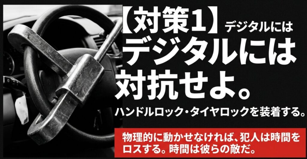 ハンドルロックやタイヤロックを装着し、犯人に時間をロスさせる物理的防衛の重要性を強調するスライド。