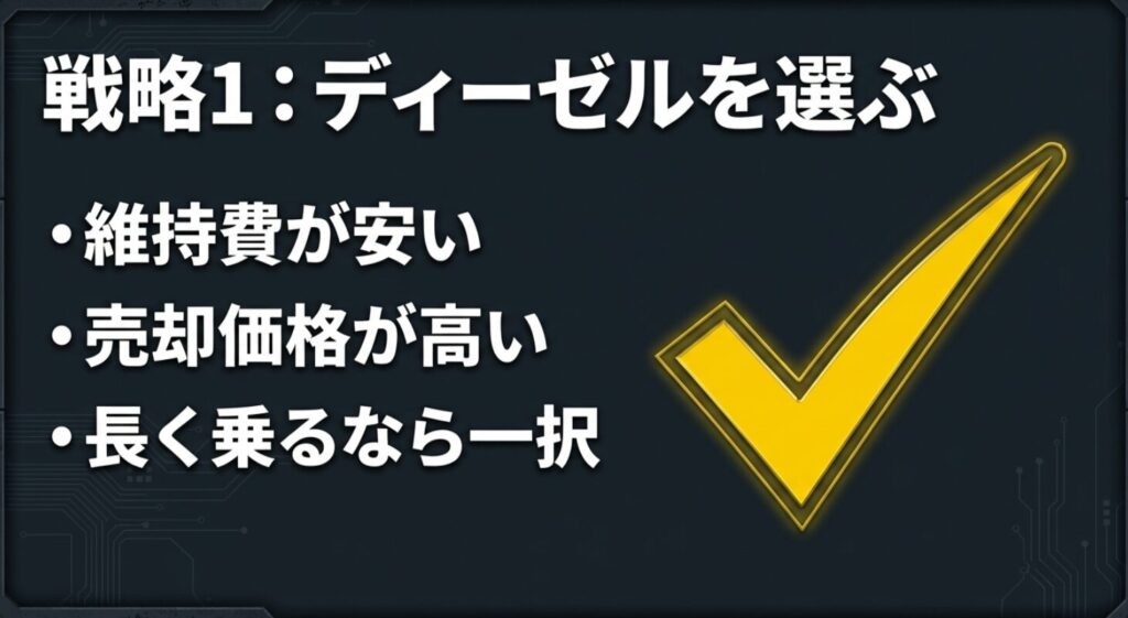 維持費が安く売却価格が高いディーゼル車が長く乗るなら一択であることを示す戦略スライド