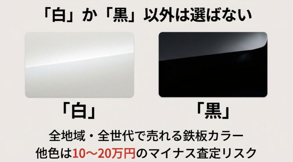 ランクル250の鉄板カラーである白（パールホワイト）と黒以外を選ぶと、10万から20万円のマイナス査定リスクがあることの解説