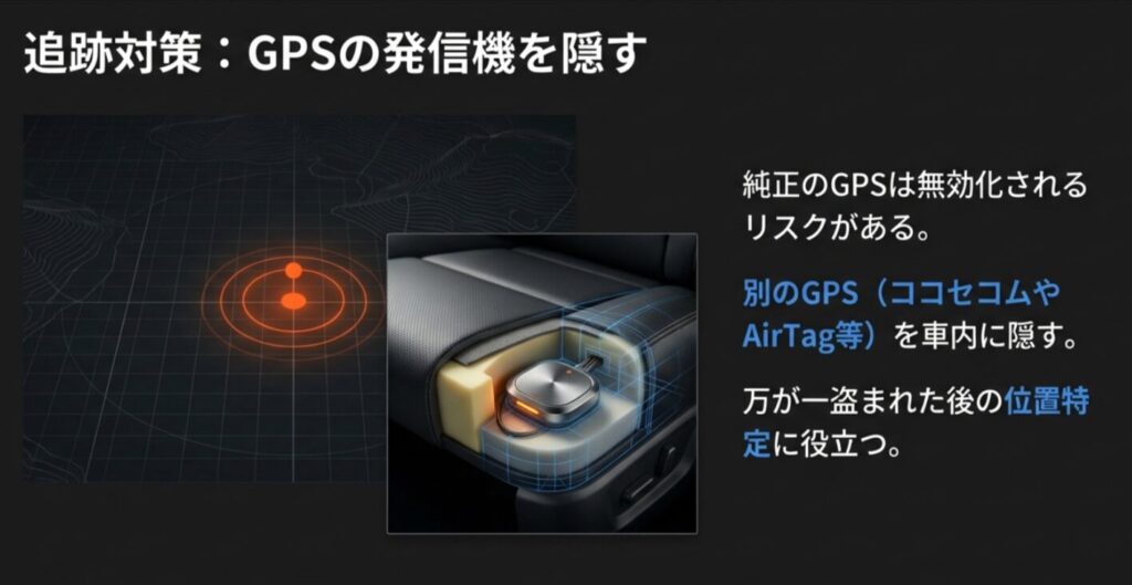 万が一の盗難に備え、シート内部などにココセコムやAirTagなどのGPS発信機を隠して設置するイメージ