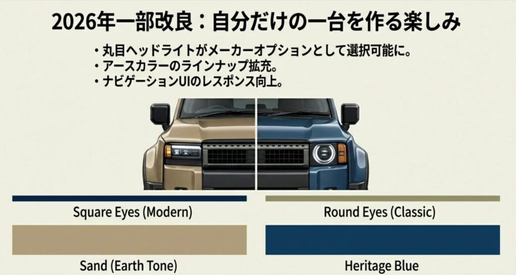 ランクル250の丸目・角目ヘッドライト選択オプションと新色アースカラーの紹介