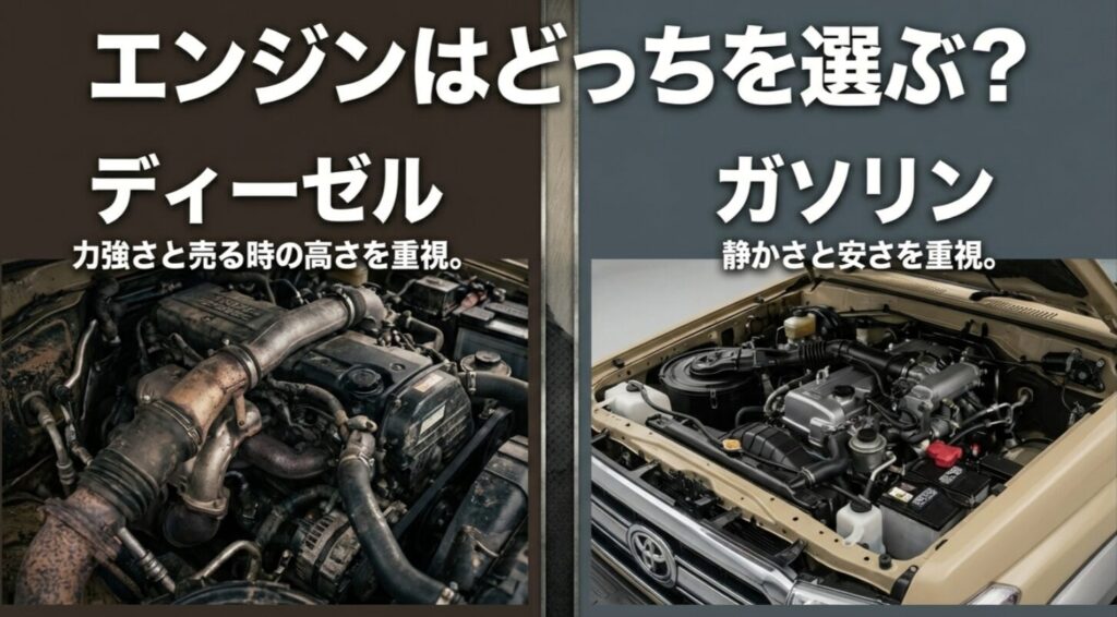 ランクル250のディーゼル（力強さとリセール）とガソリン（静かさと安さ）のどちらを選ぶべきか比較したエンジンルームの写真付きスライド