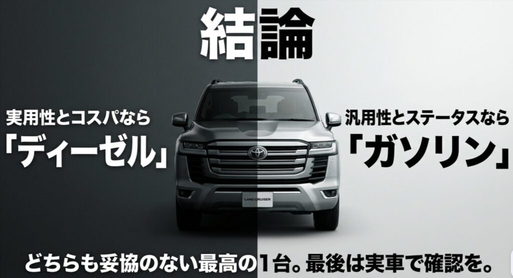 実用性とコスパならディーゼル、汎用性とステータスならガソリンという結論と、最後は実車で確認することを勧めるまとめのスライド