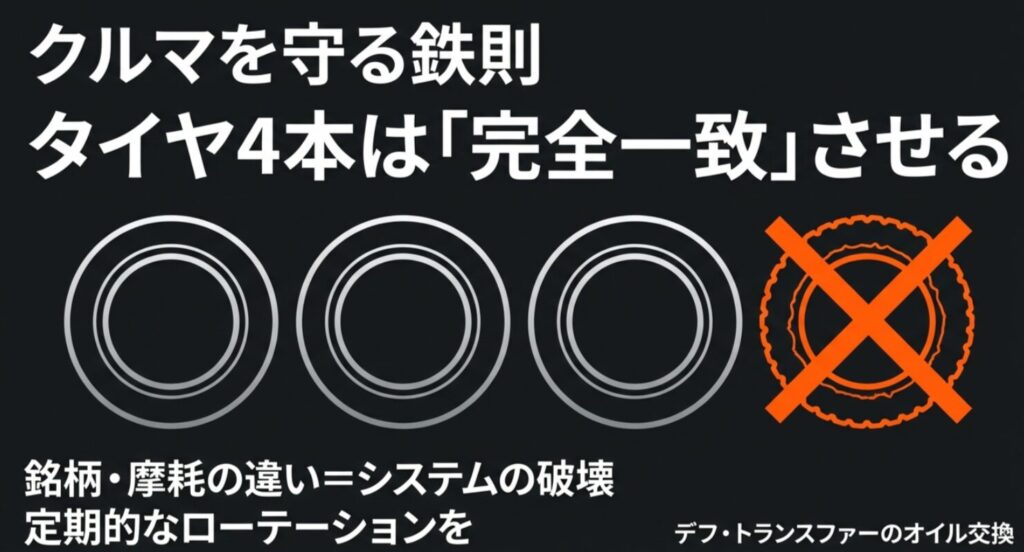 タイヤ4本の銘柄・摩耗を一致させる重要性と、デフ・トランスファーオイル交換の必要性を示すメンテナンスガイド