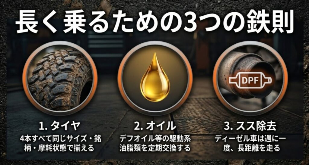 タイヤ外径の一致、駆動系オイルの定期交換、ディーゼル車のスス除去（DPFマネジメント）の重要性をまとめた表