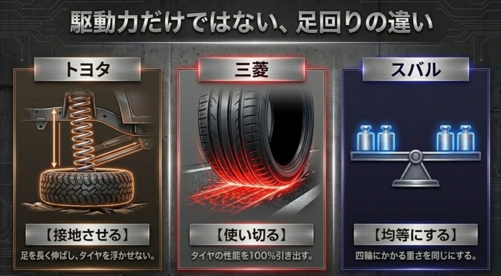 トヨタは足を伸ばし、三菱はタイヤ性能を100%引き出し、スバルは四輪の重さを均等にするという、駆動を支える足回りの思想比較