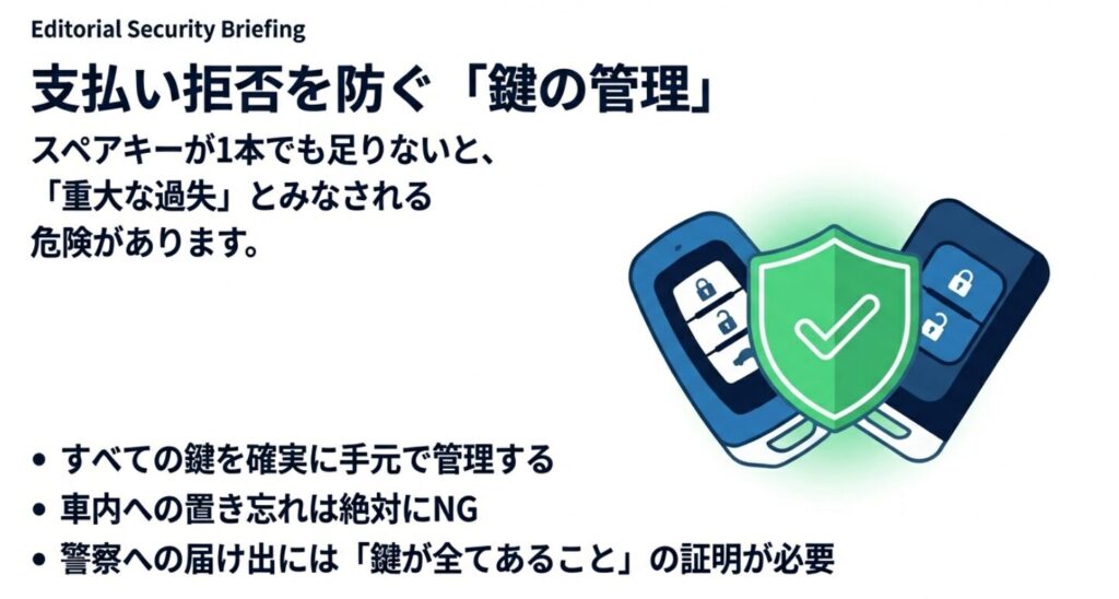 予備キーを含め全ての鍵を手元で管理し、車内置き忘れ等の過失を避ける重要性を説くスライド