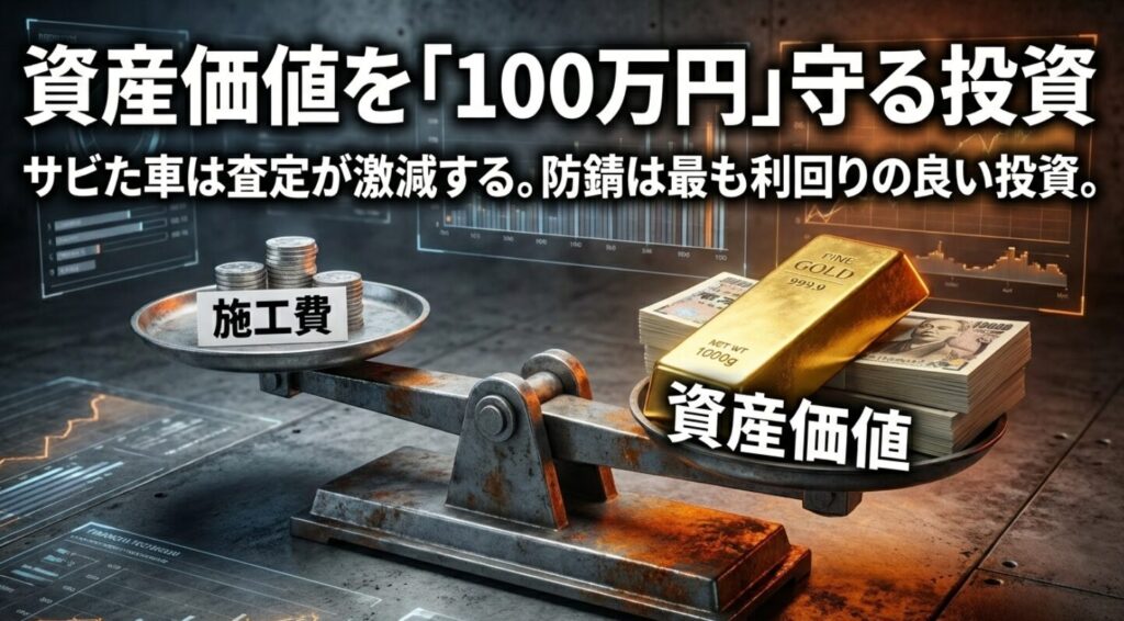 サビによる査定額の激減を防ぎ、数千円〜数万円の施工費で将来の資産価値を100万円単位で守る投資効果の図解 。