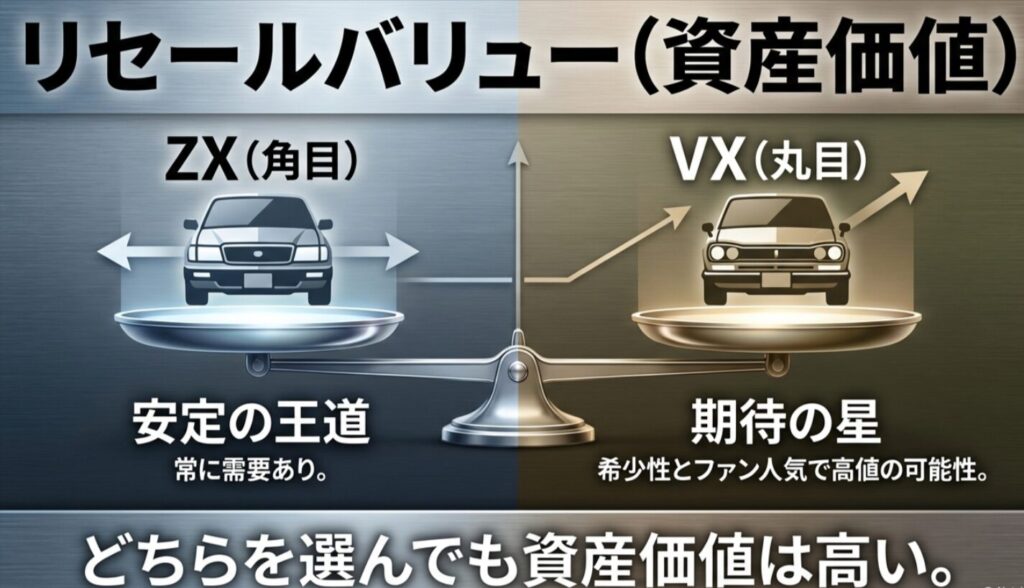 安定のZX（角目）と希少性の期待が高まるVX（丸目）の資産価値についての比較スライド