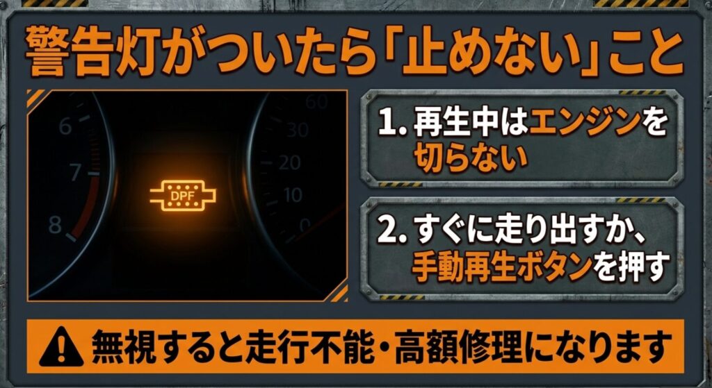 再生中にエンジンを切らないことや、警告灯点灯時にすぐ手動再生を行うべき理由と無視した際のリスク 。