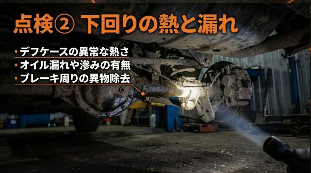 デフケースの異常な熱さ、オイル漏れ・滲み、ブレーキ周りの異物除去ポイントを示すメンテナンススライド