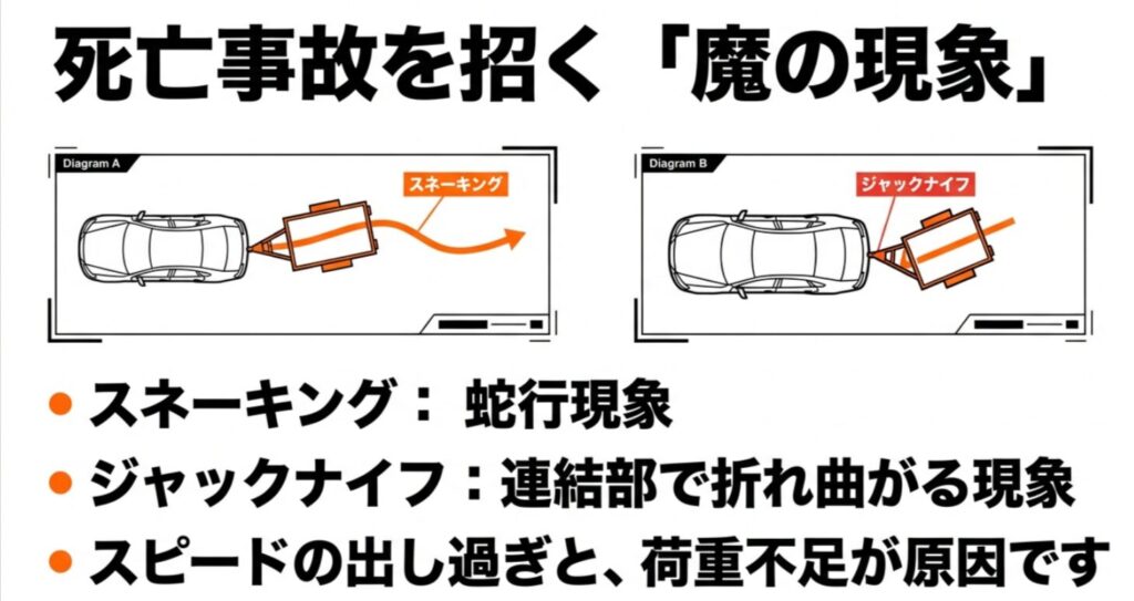 スピードの出し過ぎや荷重不足で発生する、トレーラーの蛇行（スネーキング）と連結部での折れ曲がり（ジャックナイフ）の図解