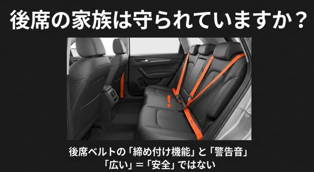 SUVの後部座席を映し、締め付け機能や警告音の有無が家族を守る鍵であることを示す写真