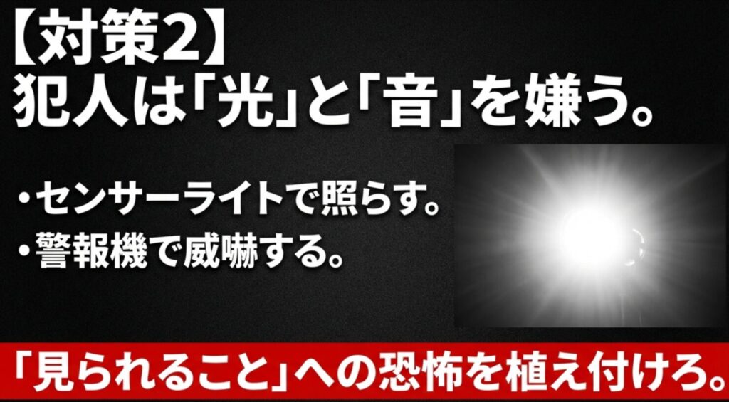 センサーライトや警報機により、犯人に「見られている」という恐怖を与えて犯行を未然に防ぐ対策。