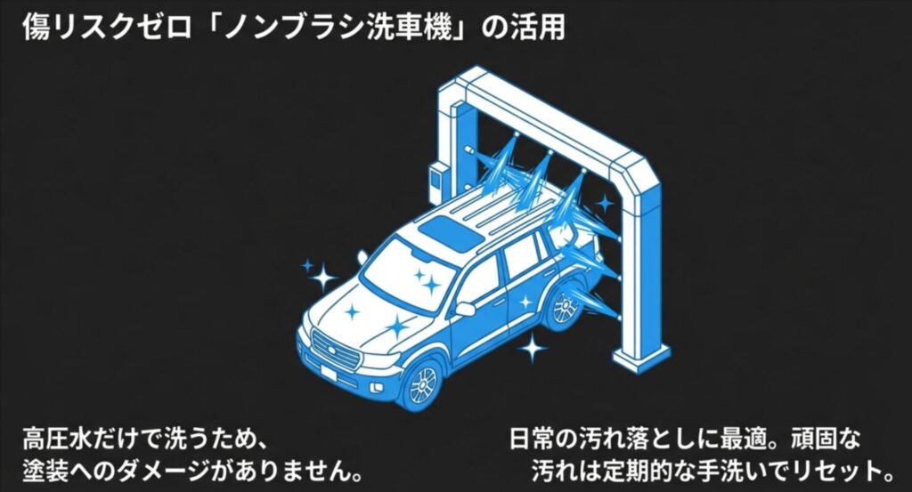 高圧水のみで洗浄するノンブラシ洗車機が塗装ダメージを抑える仕組みのイラスト