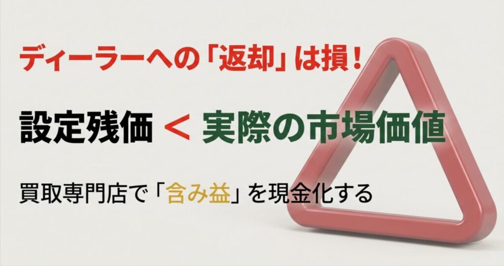 設定残価よりも実際の市場価値が高くなるランクル250では、ディーラーへ返却せず買取専門店で売却して含み益を現金化すべきという解説