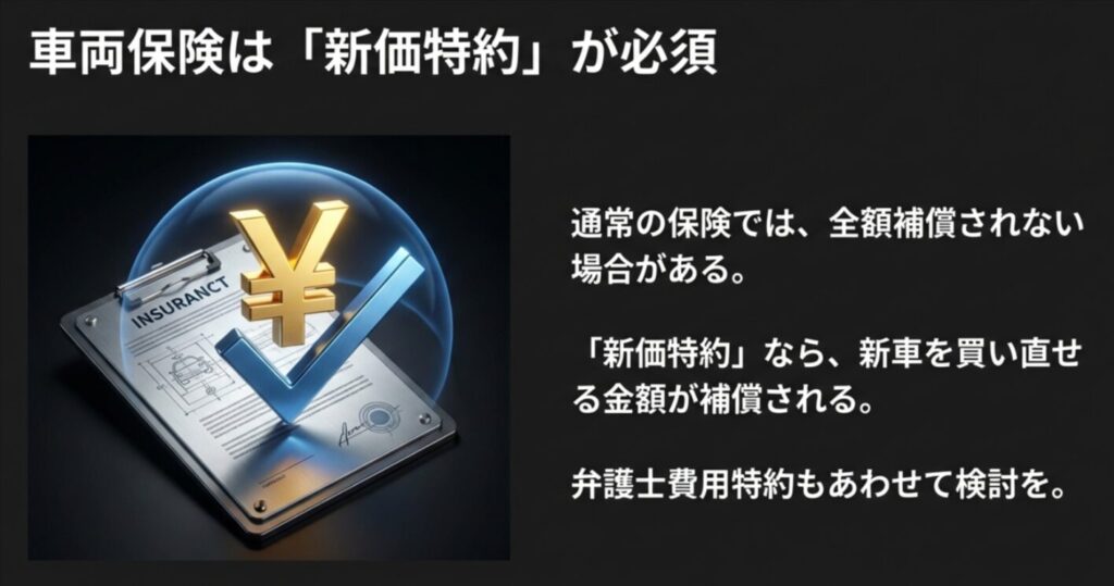 盗難時に新車を買い直せる金額を補償する新価特約と、弁護士費用特約の重要性を示すイメージ