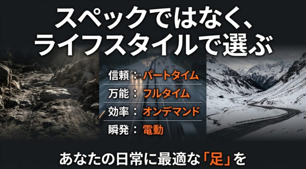 信頼・万能・効率・瞬発の4つの切り口で、各駆動方式（パートタイム、フルタイム、オンデマンド、電動）の特性をまとめた比較表