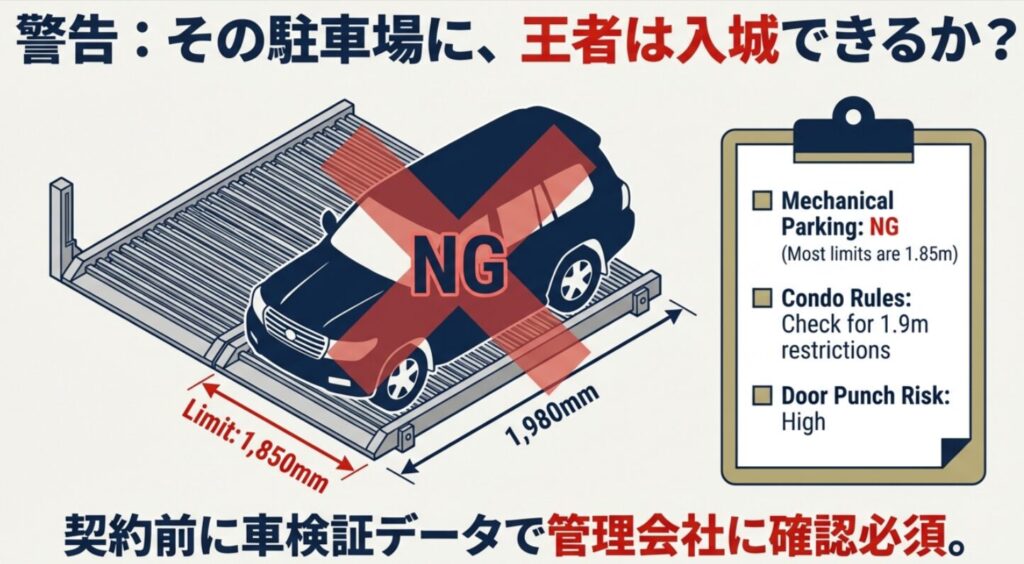 全幅1,980mmのランクルが機械式駐車場（1.85m制限）に入らないことを示す警告図