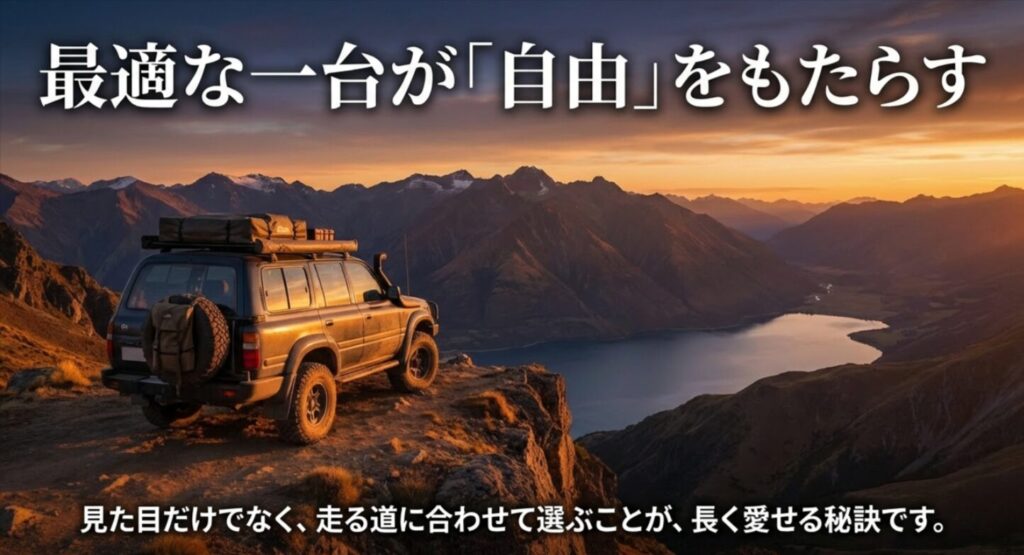見た目だけでなく走る道に合わせて選ぶことが、長く愛せる秘訣であるという結びのメッセージ