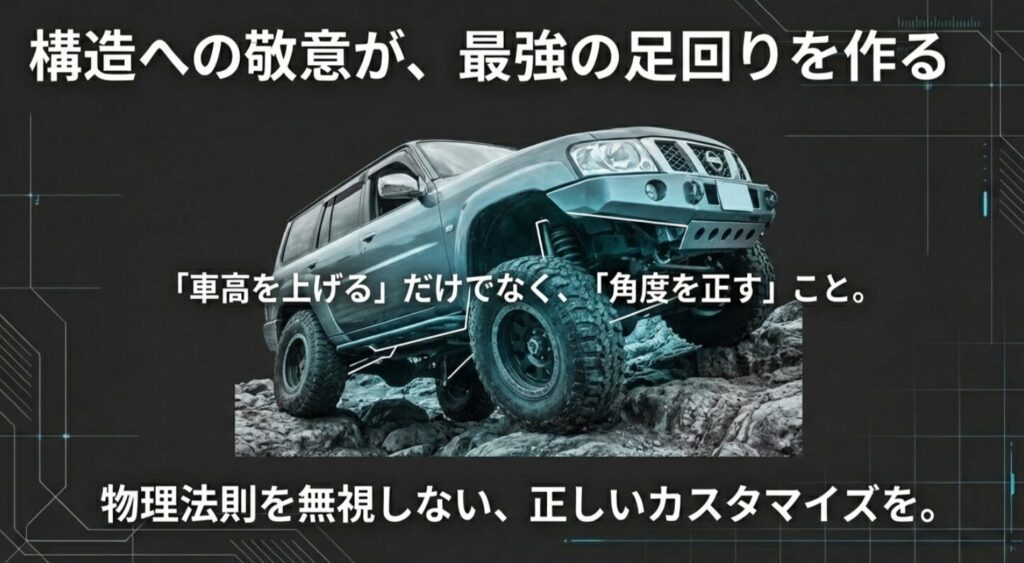 物理法則を無視せず、「車高を上げる」だけでなく「角度を正す」ことの重要性を説く、オフロード走行イメージを交えた結びのスライド 。