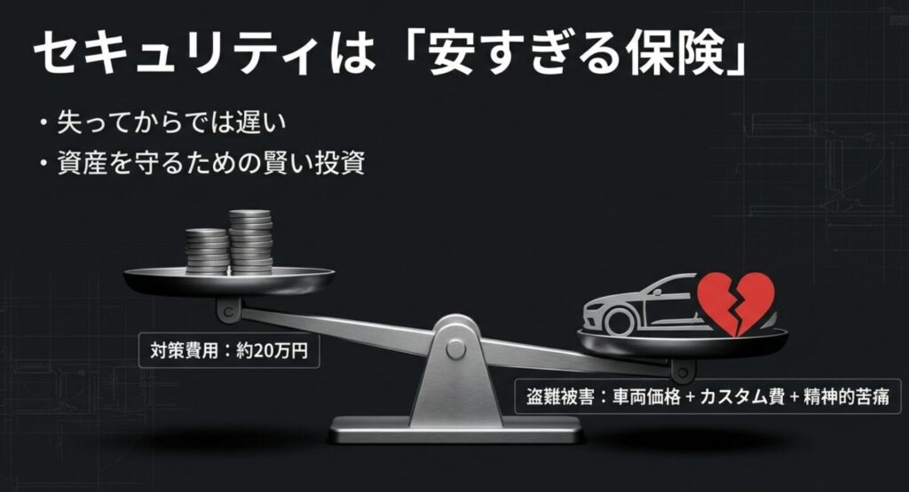 対策費用と、盗難に遭った際の車両価格・カスタム費・精神的苦痛などの損失を比較した投資価値の図解 。
