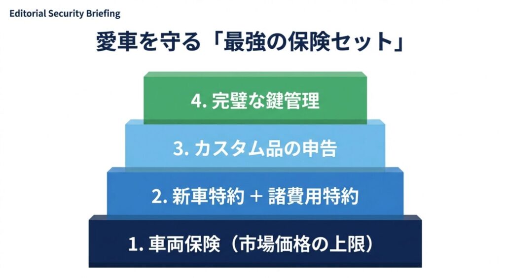 市場価格上限設定、特約、カスタム申告、鍵管理の4つの柱をまとめた最強の保険構成案
