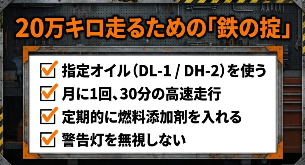 指定オイル使用、月1回の高速走行、燃料添加剤、警告灯の遵守をまとめた長期維持のためのチェックリスト 。