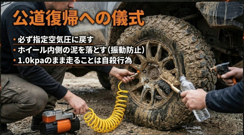 指定空気圧への復帰とホイール内側の泥落としを徹底し、バーストや振動を防ぐための「公道復帰への儀式」解説